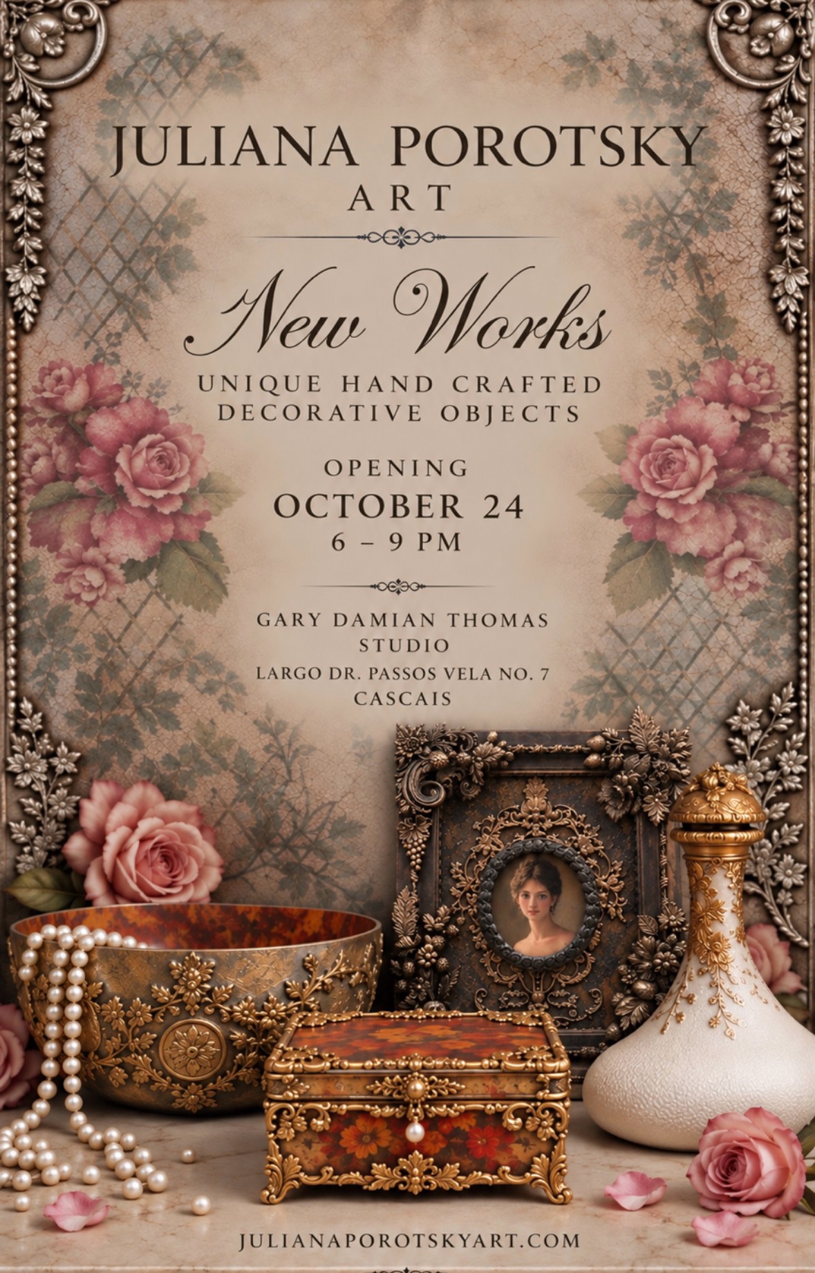 Invitation: Juliana Porotsky Art. New Works: unique hand-crafted decorative objects. Opening October 24, 6 to 9 pm, Gary Damian Thomas Studio, Largo Dr. Passos Vela No. 7, Cascais. julianaporotskyart.com